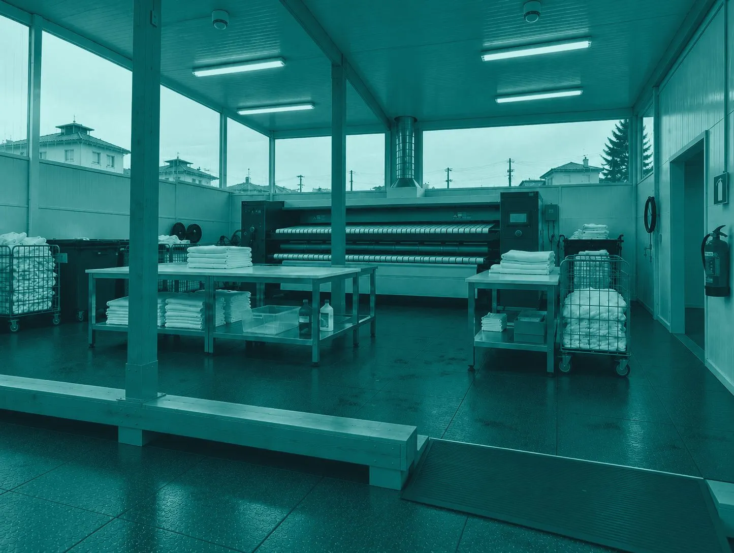 Zona de acabamento da Roupa Limpa, com toalhas dobradas nas mesas e a calandra ao fundo